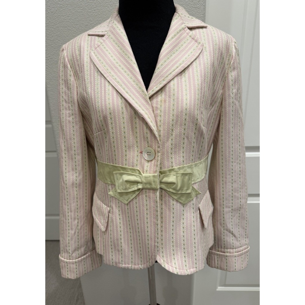 Tara Jarmon Vintage Y2K Pink&Green Striped Blazer Jacket w/bow accent Lined 42